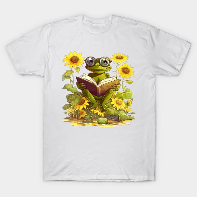 Frog reading surrounded by sunflowers T-Shirt by IncpetionWear